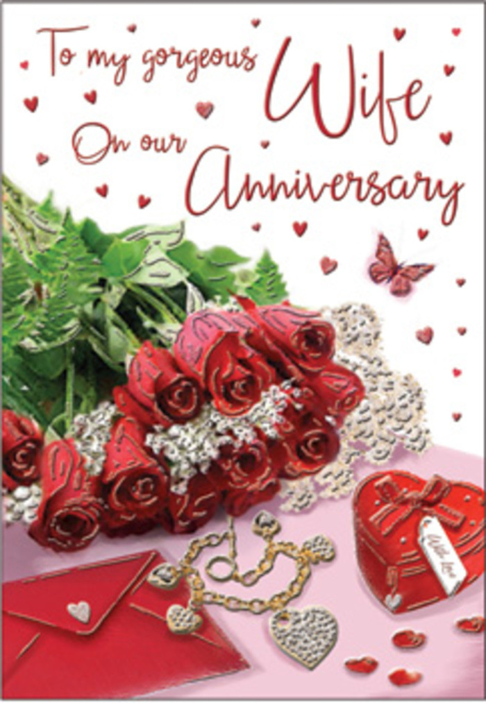 In this richly detailed anniversary card image, a bouquet of classic red roses commands attention, each bloom fully open and generously layered, symbolising a love that has matured and deepened over time. The roses, their petals a velvety scarlet, are wrapped with care and framed by lush green foliage, creating a sense of abundance reminiscent of a freshly delivered arrangement from a Hatch End florist. The flowers rest on a smooth, light-reflecting surface, where the gentle sheen echoes the satin softness of the petals. Nearby, a vivid red heart-shaped gift box and a refined jewellery set glimmer softly, hinting at treasured surprises exchanged between partners over many anniversaries. Wisps of lace-like detailing and delicate heart motifs lace the card's design, catching the eye the way fairy lights might twinkle in a Hatch End garden on a summer evening. Gold and silver tones from the jewellery bring warmth and elegance, while the scripted anniversary message flows across the card in graceful, looping letters, anchoring the arrangement with heartfelt sentiment. The lighting is calm and diffused, like late afternoon light filtering through a window on a quiet residential street, casting gentle shadows that enhance the sense of depth. Textures of velvet, silk ribbon, and polished metal interplay subtly, suggesting the tactile pleasure of unwrapping gifts and touching keepsakes that carry years of meaning. The overall composition feels intimate and timeless, a romantic tableau carefully crafted to honour the comfort, passion, and shared memories that define a lasting relationship in Hatch End.