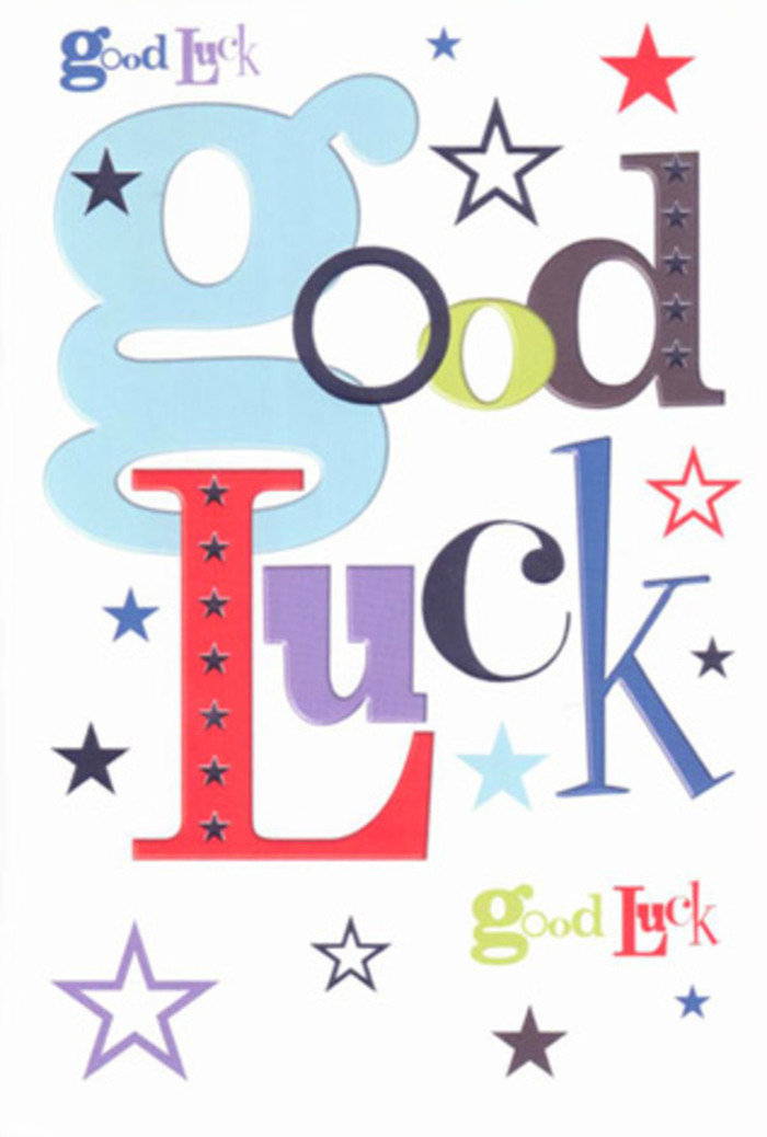 This luck-themed greeting card is captured in a clear, front-facing view, its white background acting like a bright stage where colourful letters and stars perform together. Across the centre, the words Good Luck appear in large, mixed fonts, each character owning its own personality: one wide and pastel blue, another slender and midnight black, a third in exuberant red, and others shaded in moss green and deep violet. The varied typography feels spontaneous yet intentional, like the creative touch of a florist adjusting stems until a bouquet looks just right. Surrounding the phrase, stars of different sizes and shades dart across the surface, some solid and assertive, others faint and almost transparent. They're rendered in navy, indigo, sky-blue, lavender, and soft lime, giving the impression of tiny constellations scattered across the crisp card, as though luck is literally written in the stars above Hatch End's quiet residential streets. The card's paper appears to be smooth, high-grade cardstock with clean, sharp edges, the type you might run your fingers over while sitting at a kitchen table near Headstone Lane, preparing a thoughtful message before a big exam or job interview. The lighting is soft and even, with no dramatic shadows, so every colour remains true and balanced, enhancing the modern yet friendly feel. Empty white space around the words allows each letter and starroom to breathe, making the design feel airy rather than crowded. The overall effect is like a silent cheer from the sidelines-a compact talisman of encouragement that could be paired with a fresh, uplifting bouquet delivered the same day to someone stepping bravely into a new chapter.