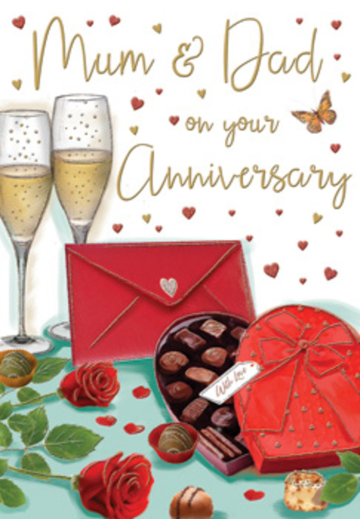 This detailed anniversary card illustration paints a scene of indulgent romance and family warmth, as if styled by a careful florist in Hatch End with an eye for storytelling. In the foreground, two generous red roses rest on a pale tabletop, their petals rich and velvety, layered in deep crimson tones that fade to softer reds at the edges. Their green foliage is lush, with slightly glossy leaves that catch the light, giving the flowers a freshly cut look, like a bouquet just delivered to a home off Uxbridge Road or near the cosy cafés of Hatch End. Behind the roses stands a heart-shaped box of chocolates in a vivid red hue, topped with a wide satin bow that loops and twists dramatically across the lid. The box is partly open, revealing an array of chocolates nestled in dark compartments, with a few extra pieces artfully scattered to suggest eager sharing. Rising just behind, two tall champagne flutes filled with pale golden fizz glimmer under a soft, ambient glow, the bubbles suspended in mid-motion as if time has paused for a toast. A bold scarlet envelope, neatly sealed, lies to one side, hinting at an intimate, handwritten anniversary message, perhaps addressed to Mum & Dad in warm, looping script. All around, the background is softly washed in warm creams and golds, sprinkled with delicate crimson and metallic hearts that float like confetti in the air. The whole composition feels like a snapshot of a deeply personal celebration, capturing the scent of roses, the sweetness of chocolate, and the hopeful sparkle of champagne in a home that treasures love and shared memories.