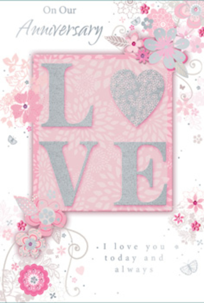 Resting as if on a neatly laid dining table in a Hatch End home, this anniversary card radiates a soft, affectionate glow, its artwork echoing the tenderness of a well-chosen bouquet. At the heart of the design stands the word LOVE, rendered in tall, slightly rounded letters and coated with a fine layer of frosted glitter. The raised texture makes each letter look touchably plush, sparkling delicately between blush pink and luminous white, like petals dusted with early-morning dew near Pinner Wood. Behind and around the word, the background melts into a gentle wash of pastel pink, with hints of pearlescent sheen that shift subtly as though catching natural light from a nearby window. Flowing from the edges and corners, hand-drawn flowers and leaves seem to drift across the card, arranged in graceful sprays that echo the line of a hand-tied bouquet. Their colours remain soft and romantic-blush, pale lilac, ivory, and light grey-layered with fine shading that gives each petal and leaf a sense of movement and depth. Tiny filigree flourishes, swirling tendrils, and discreet butterflies are woven into the design, almost hidden until you look closely, like small surprises tucked into an anniversary arrangement by a thoughtful florist. A simple, heartfelt message in elegant script-wishing continued love today and always-sits comfortably within the composition, neither too bold nor too faint. The whole card feels calm and sincere, much like a quiet anniversary dinner at home after a stroll through Hatch End's tree-lined streets, celebrating love that is steady, enduring, and deeply cherished.