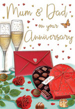 This anniversary card design conjures the feeling of a lovingly prepared celebration in a Hatch End home, perfect for marking years of marriage or a special milestone for parents. At the centre, two tall champagne glasses stand side by side, filled with pale golden bubbly that glows as if catching candlelight, each glass rim slightly shining with reflections. In front of them, a heart-shaped box of chocolates, rich red and accented with an opulent satin bow, sits partially open to reveal neat rows of assorted truffles, with a few individual chocolates scattered invitingly on the table. To the left, two sumptuous red roses lie together, their petals densely layered, almost velour-like in their softness, framed by rich green leaves that recall a handpicked bouquet from a local Hatch End florist. Near the base of the arrangement rests a deep red envelope, sealed and angled just so, suggesting a private, handwritten message brimming with affection. The background bathes the scene in a soft golden cream glow, with dainty red and metallic hearts drifting across the card like confetti after a toast, subtly framing hand-lettered anniversary wishes. The atmosphere feels both playful and sophisticated: you can imagine the quiet clink of glasses, the soft rustle of an envelope being opened, and the mingling scents of fresh roses and chocolate in a living room near Hatch End High Street. The illustration beautifully captures the essence of long-lasting love-tender, sweet, and joyfully celebrated around the family table.